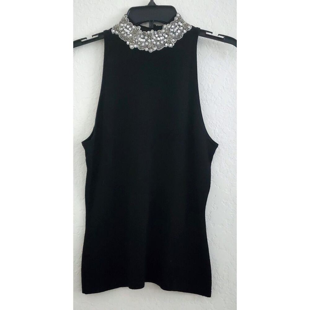 Top-INC International Concepts-Black-Beads-Sequins-Lace Collar-Snap Back-SIZE MP